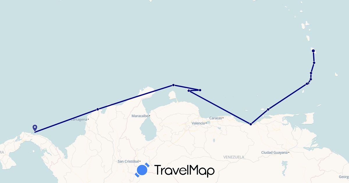 TravelMap itinerary: driving in Aruba, Colombia, Curaçao, Saint Lucia, Martinique, Netherlands, Panama, Saint Vincent and the Grenadines, Venezuela (Europe, North America, South America)